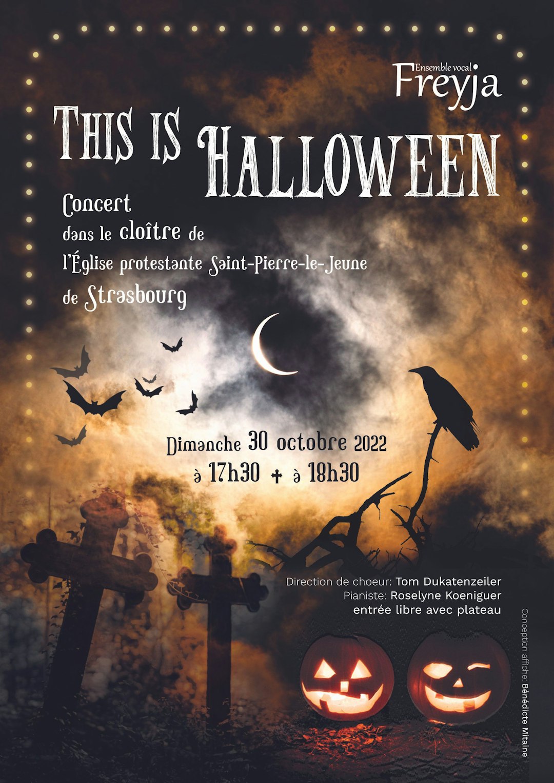 This is Halloween est un programme en ombres et lumières. Le projet est centré autour d’une douzaine d’œuvres musicales (certaines a capella, d’autres accompagnées par des instrumentistes) de styles et époques très variés. Après la pièce d’introduction (This is Halloween de Danny Elfman) elles se divisent en deux catégories :  certaines racontent les sabbats, rondes et rassemblements d’êtres maléfiques ou mystérieux (les sorcières de Gaur Akelarre de Jo-Michael Scheibe ou les djinns, lutins orientaux de la pièce éponyme de Gabriel Fauré) figurés par les chanteurs eux-même. Les autres pièces sont centrées sur une figure fantomatique, tantôt menaçante (le roi des Aulnes du Erlkönig de Franz Schubert), tantôt mystérieuse et envoutante (Le prince du sommeil du Prince of Sleep de Edward Elgar) qui apparaîtront derrière le chœur, au moyen de projection de silhouettes par un procédé d’ombres chinoises. En plus de ce dernier élément, le projet de concert bénéficiera également d’une mise en lumière adaptée afin de retranscrire au mieux les ambiances propres à chaque atmosphère musicale. Une machine à fumée serait également un plus afin de plonger les spectateurs dans l’ambiance d’un cimetière, notamment pour la Danse Macabre de Camille Saint-Saens. Des silhouettes (de pierres tombales et de cyprès par exemple) pour suggérer cet environnement pourront être projetées avec le dispositif susmentionné pendant toutes les pièces.